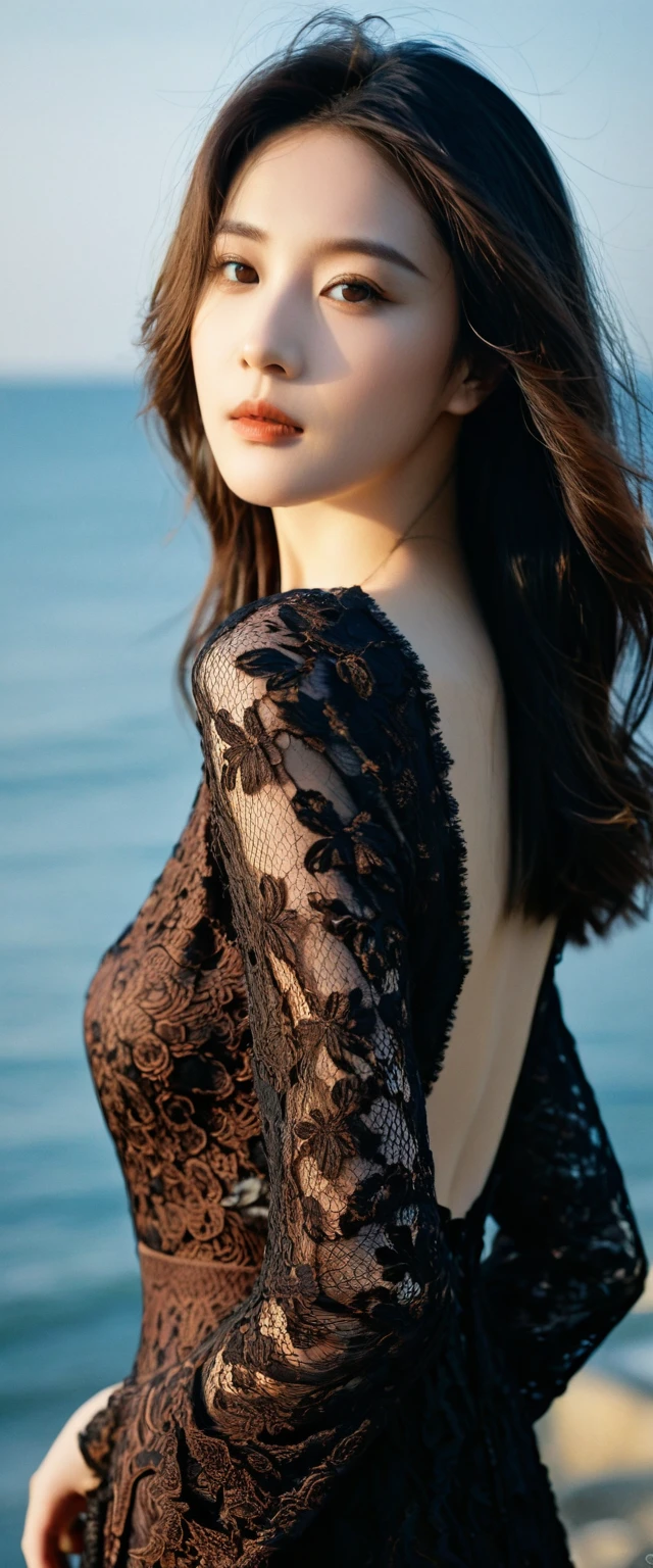 digital portrait, realistic depiction of the human body, RAW photo, one girl, gentle gray eyes, plump lips, An ennui look, huge firm bouncing busts, Long brown hair, (((Elegant black lace-like line dress, Dense and artistic lace black line dress, beautiful dress, super luxury dress)))、highest quality, super resolution, master piece:1.5, medium depth of field, 50ｍｍlens, cinematic lighting, Backlight, professional photographer, sea side, evening