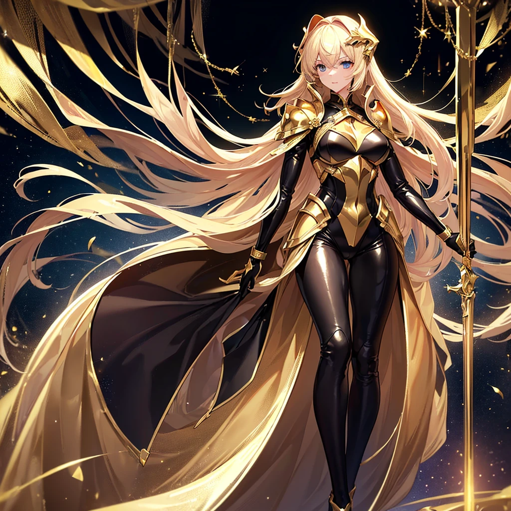 (Best Quality, hight resolution, Photorealistic: 1.37), Tall girl wearing Gemini gold cloth, Wear a black tight suit inside the fabric, Sexy figure in golden cloth, Gemini holding a gold cloth helmet in his hand, Golden armor shining with golden light, Girl's long golden hair