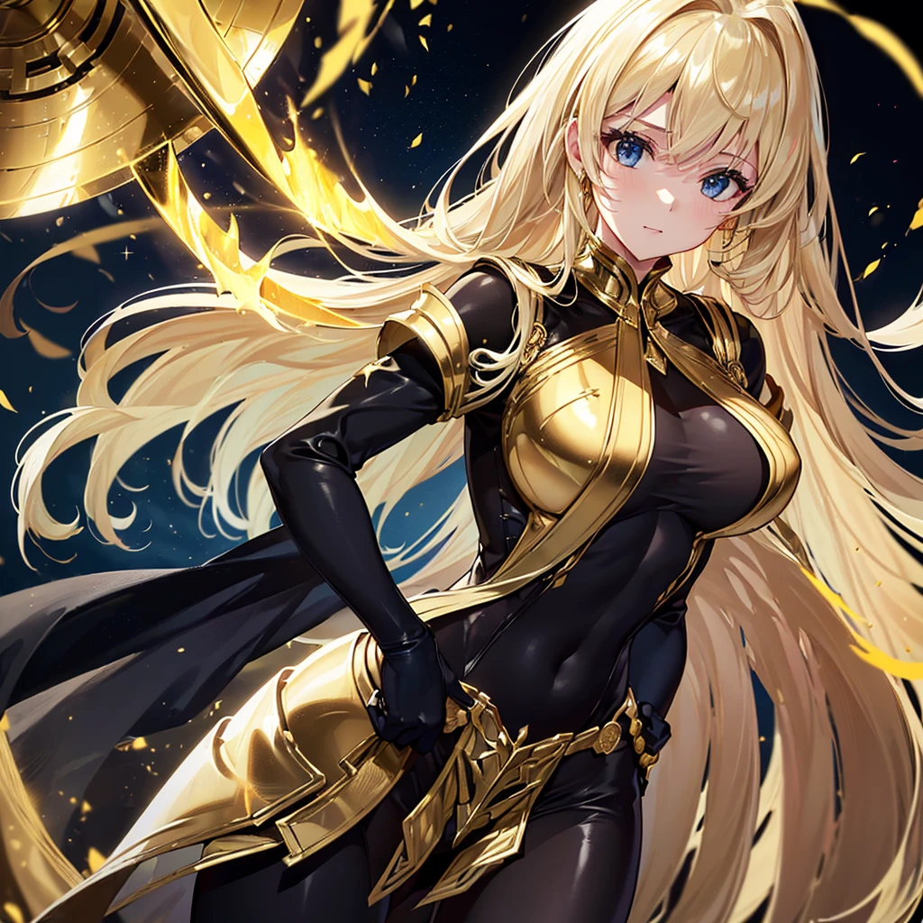 (Best Quality, hight resolution, Photorealistic: 1.37), Tall girl wearing Gemini gold cloth, Wear a black tight suit inside the fabric, Sexy figure in golden cloth, Gemini holding a gold cloth helmet in his hand, Golden armor shining with golden light, Girl's long golden hair