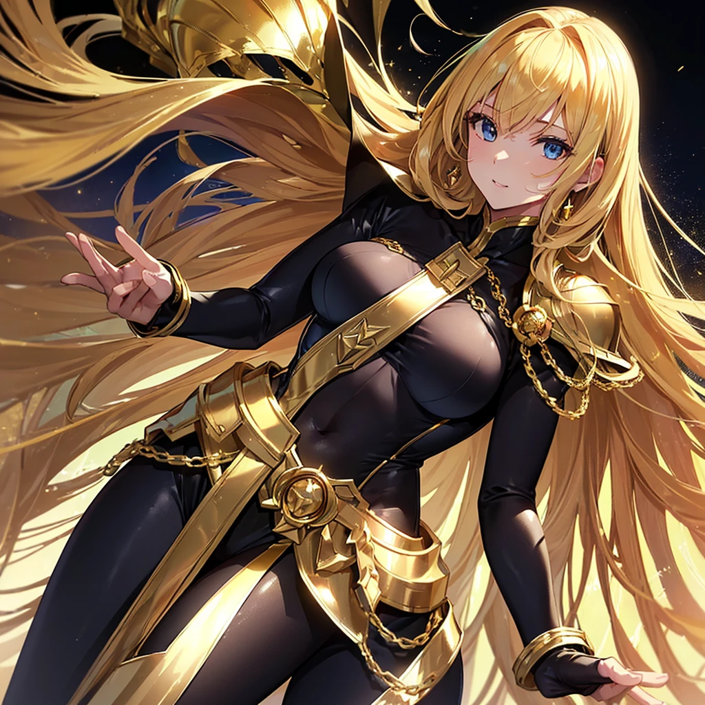 (Best Quality, hight resolution, Photorealistic: 1.37), Tall girl wearing Gemini gold cloth, Wear a black tight suit inside the fabric, Sexy figure in golden cloth, Gemini holding a gold cloth helmet in his hand, Golden armor shining with golden light, Girl's long golden hair