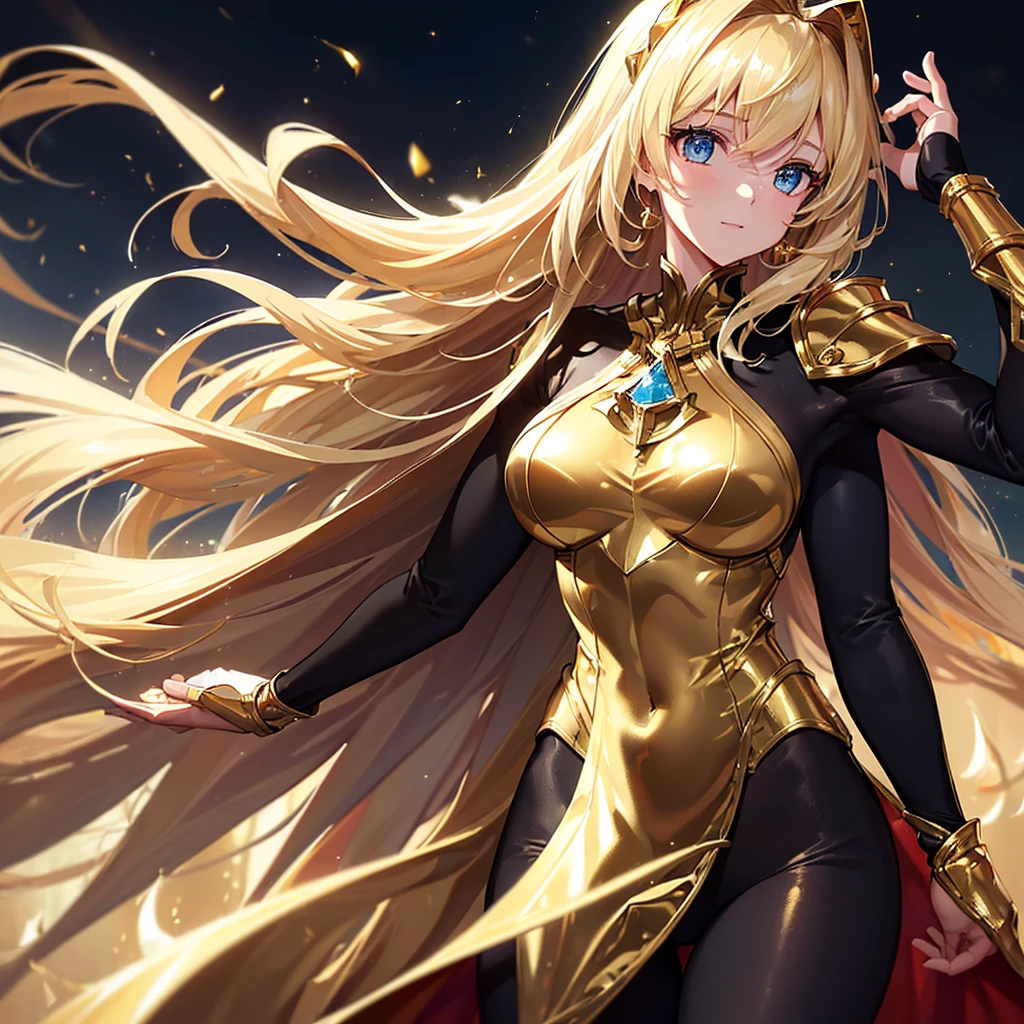 (Best Quality, hight resolution, Photorealistic: 1.37), Tall girl wearing Gemini gold cloth, Wear a black tight suit inside the fabric, Sexy figure in golden cloth, Gemini holding a gold cloth helmet in his hand, Golden armor shining with golden light, Girl's long golden hair