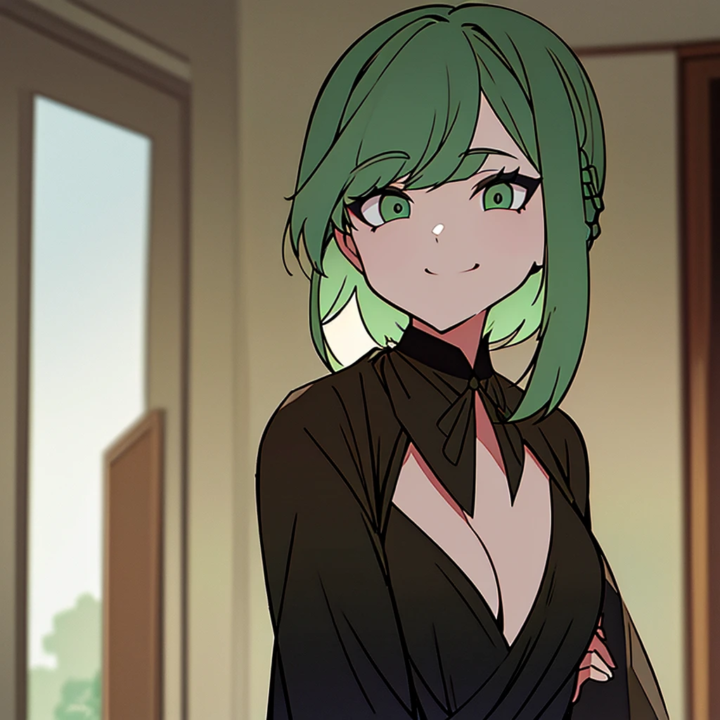 A woman with short white and green hair , with bangs parted in the middle, emerald green eyes. wearing a black robe, and the inside of the shirt is green. Was smiling gently