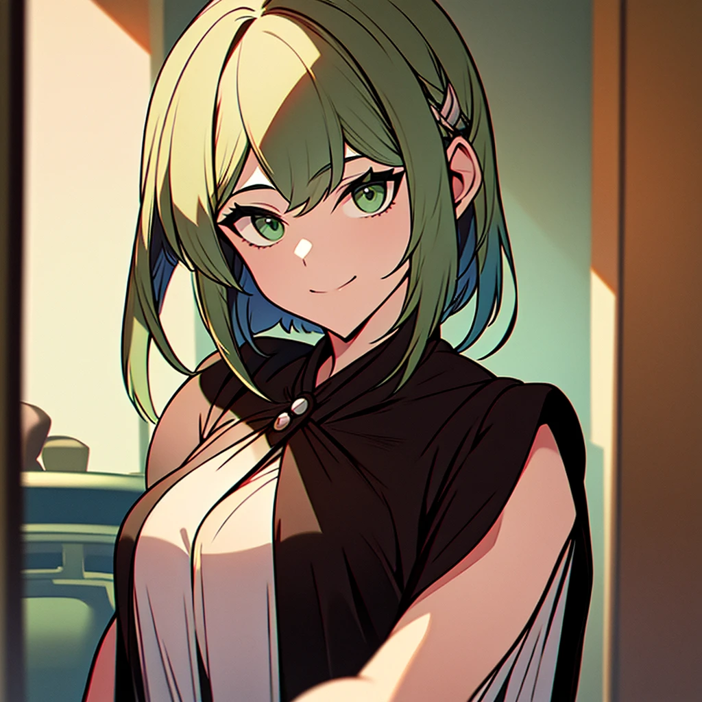 A woman with short white and green hair , with bangs parted in the middle, emerald green eyes. wearing a black robe, and the inside of the shirt is green. Was smiling gently