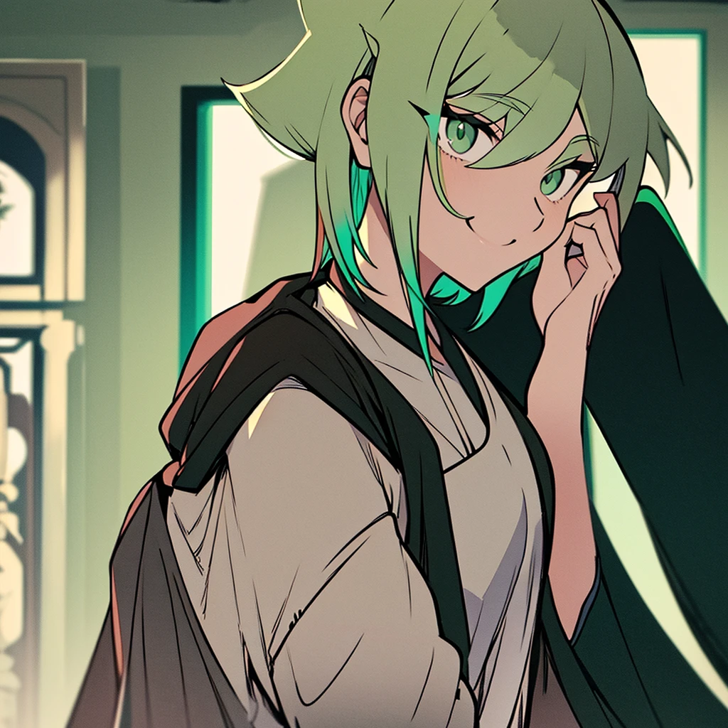 A woman with short white and green hair , with bangs parted in the middle, emerald green eyes. wearing a black robe, and the inside of the shirt is green. Was smiling gently