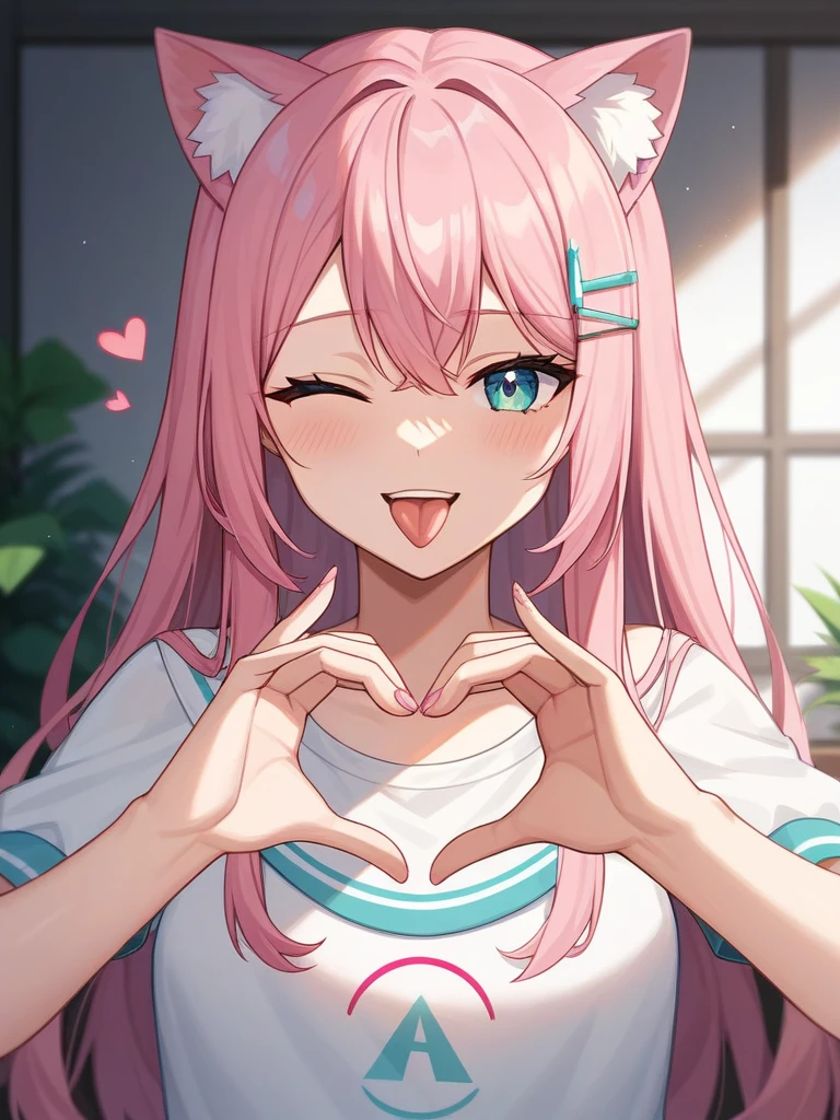 Adult, Female, long pink hair, winking, tongue out, heart hands, vtuber, otaku bedroom, Masterpiece, Accurate, Anatomically Correct, Best Quality, High Details, Detail, Super Detailed, Best detail, Perfect detail, Amazing detail, [-3, 3], perfect hands, best hands, best fingers, perfect fingers, perfect body, best body, amazing body, Looking at viewer, front facing, upper body shot, Cat Ears, Close-Up, 