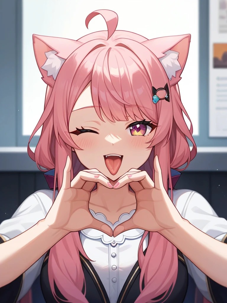 Adult, Female, long pink hair, winking, tongue out, heart hands, vtuber, otaku bedroom, Masterpiece, Accurate, Anatomically Correct, Best Quality, High Details, Detail, Super Detailed, Best detail, Perfect detail, Amazing detail, [-3, 3], perfect hands, best hands, best fingers, perfect fingers, perfect body, best body, amazing body, Looking at viewer, front facing, upper body shot, Cat Ears, Close-Up, 