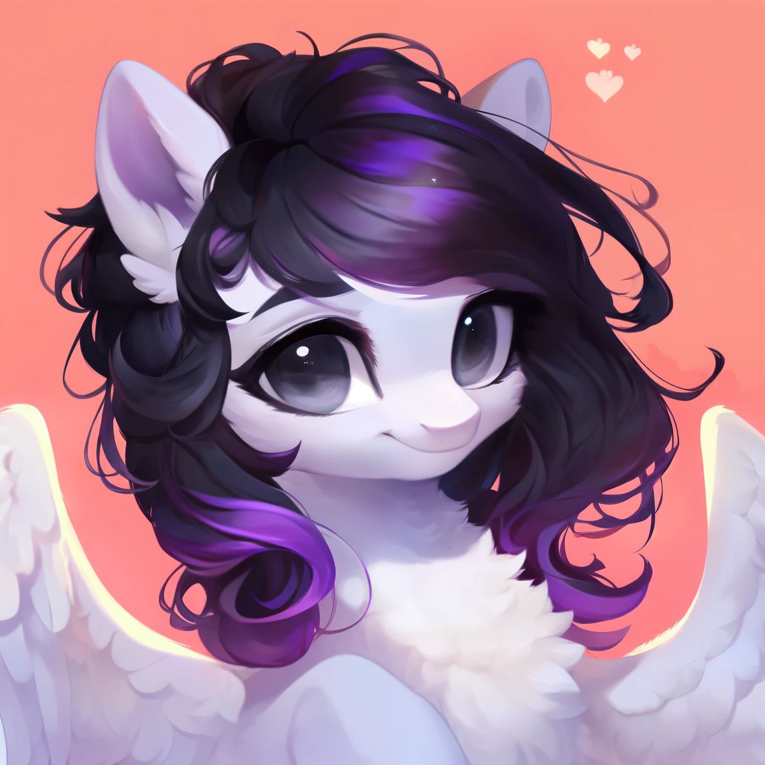 rating_safe, score_9, fluffy, feral pegasus pony, female,round cute face， Light purple body, black-purple mane, disheveled hair, soft and delicate long hair, clear and proud with a hint of tenderness in grey eyes, grey eyes, smiling. dynamic。young and beautiful
