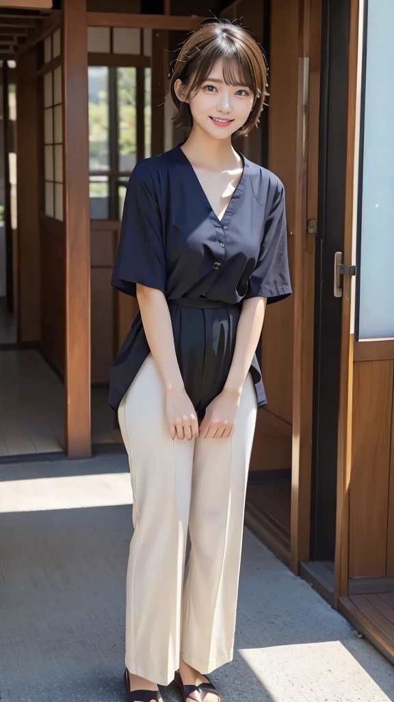 One girl, wearing short sleeve blouse, wide pants, wide pants, short hair, 20-year-old Japanese, beautiful, cute face, pretty face, neat, smiling, 8-head body, height 165cm, weight 48kg, bust 83cm, waist 60cm, hips 82cm, Small breathts, Living in Hiroshima City, A college student aspiring to become a model, (((full body))), full face