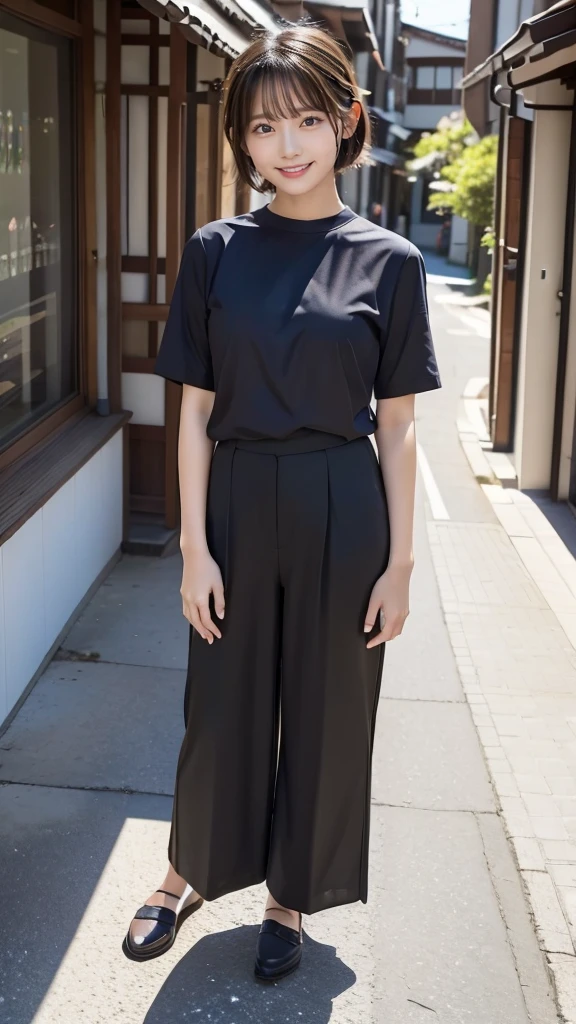 One girl, wearing short sleeve blouse, wide pants, wide pants, short hair, 20-year-old Japanese, beautiful, cute face, pretty face, neat, smiling, 8-head body, height 165cm, weight 48kg, bust 83cm, waist 60cm, hips 82cm, Small breathts, Living in Hiroshima City, A college student aspiring to become a model, (((full body))), full face