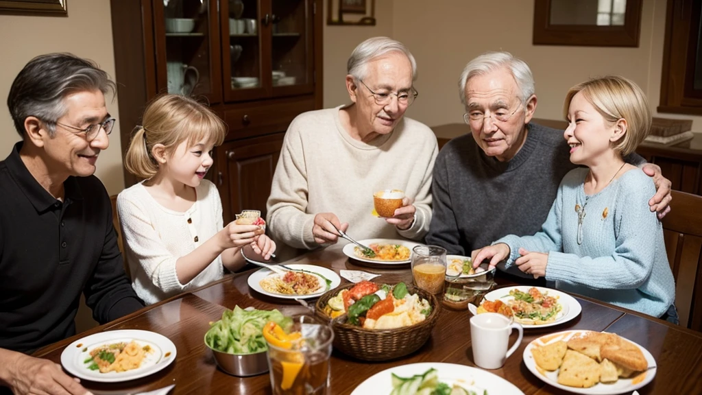 grandma,grandfather,mom,dad,The whole family, including children, sits around the table and enjoys a delicious meal