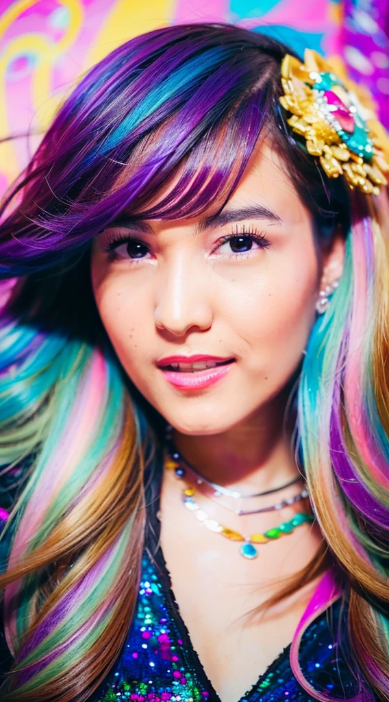 a close up of a woman with rich and colorful hair and a necklace, Cosmic hair anime girl, Rose draws pastel vibrant, guweiz style artwork, fantasy art style, rich and colorful]”, Vibrant fantasy style, rossdraws cartoon vibrant, cosmic and rich and colorful, guweiz, rich and colorfull digital fantasy art, Stunning art style, Beautiful anime style