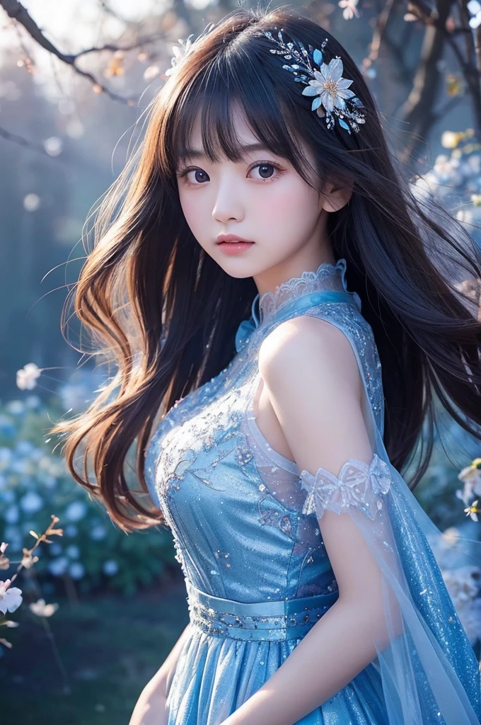 The prompt for this image is:：

--- Beautiful Japanese girl、Standing in a fantastical background。The background is a flurry of sparkling light particles.、The blue and pink lights intersect in the darkness, creating a mysterious atmosphere.。The beautiful girl is wearing a thin fabric outfit.、The dress, with its intricate lace and embroidery, sparkles in the light.。Her long hair is also enveloped in light particles.、Emphasizing the fantastical atmosphere。

Beautiful girl poses sideways、Turn your face to us、The expression is fragile yet strong-willed.。Her eyes shine blue、It reflects the surrounding light and shines beautifully.。As a photographic technique、The contrast of light and shadow is very realistic.、The texture of the clothes and hair in particular is depicted in great detail.。

The vertical composition emphasizes the beautiful girl&#39;s figure.、The fantastic light in the background creates a super-realistic, photo-realistic texture.。overall、This image expresses the beauty and mystery of a dream.。