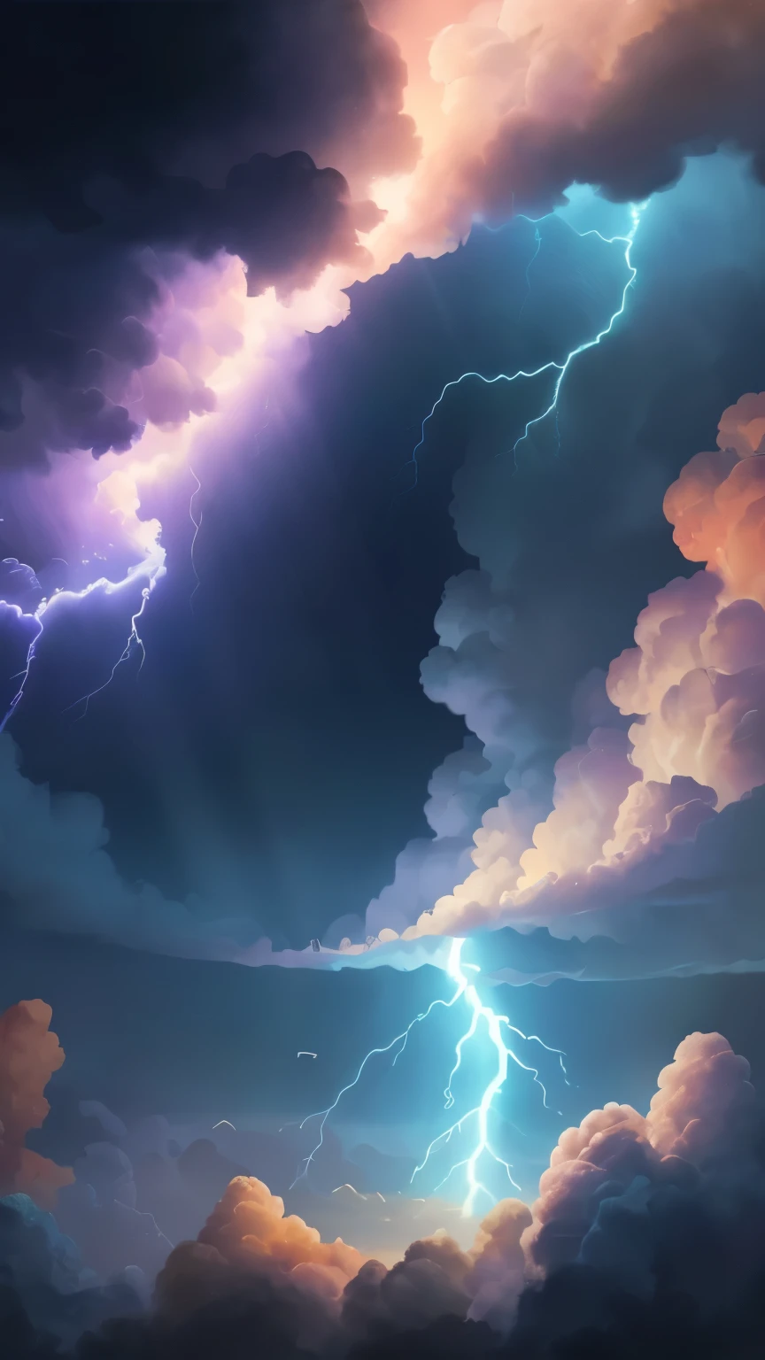 ((best quality)), ((masterpiece)), (detailed), A digital illustration of a dark blue rainbow lightning in a dark blue sky with small peach color birds flying in the background