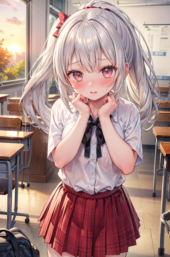 masterpiece, best quality, nsfw,
 2girl, kiss, 
 summer , plaid skirt, silver hair, ponytail, embarrassed face, 
 classroom, sunset,