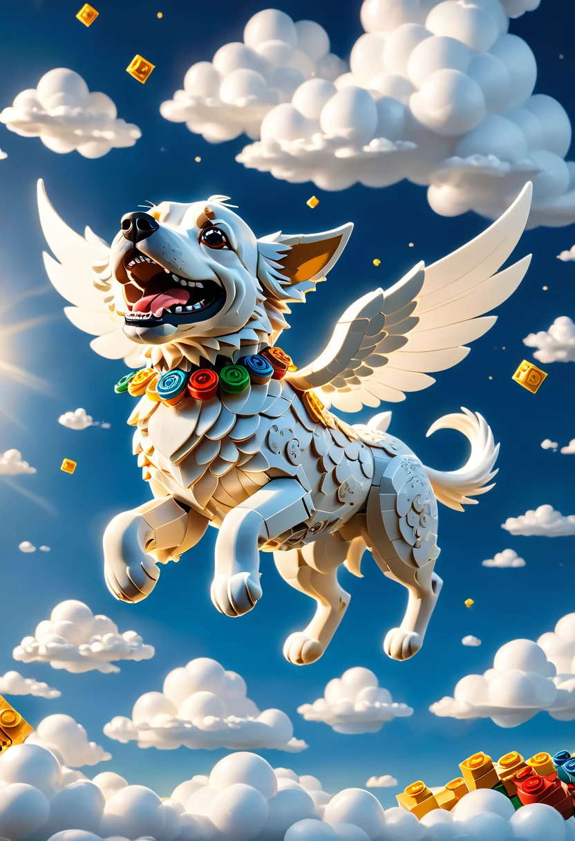 best quality, very good, 16K, ridiculous, Very detailed, Dog flying in the air,Made of Lego, ((cloud))((A masterpiece full of fantasy elements))), ((best quality)), ((Intricate details))(8K)