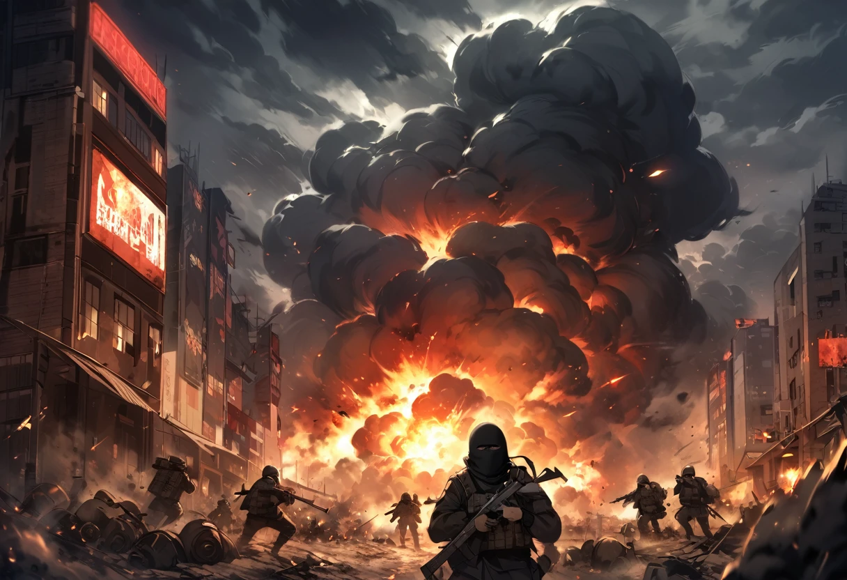  Terrorists, black balaclava, black clothes, war, city, night, blood, sandstorm, chaos, nuclear explosion, dark atmosphere, apocalypse 