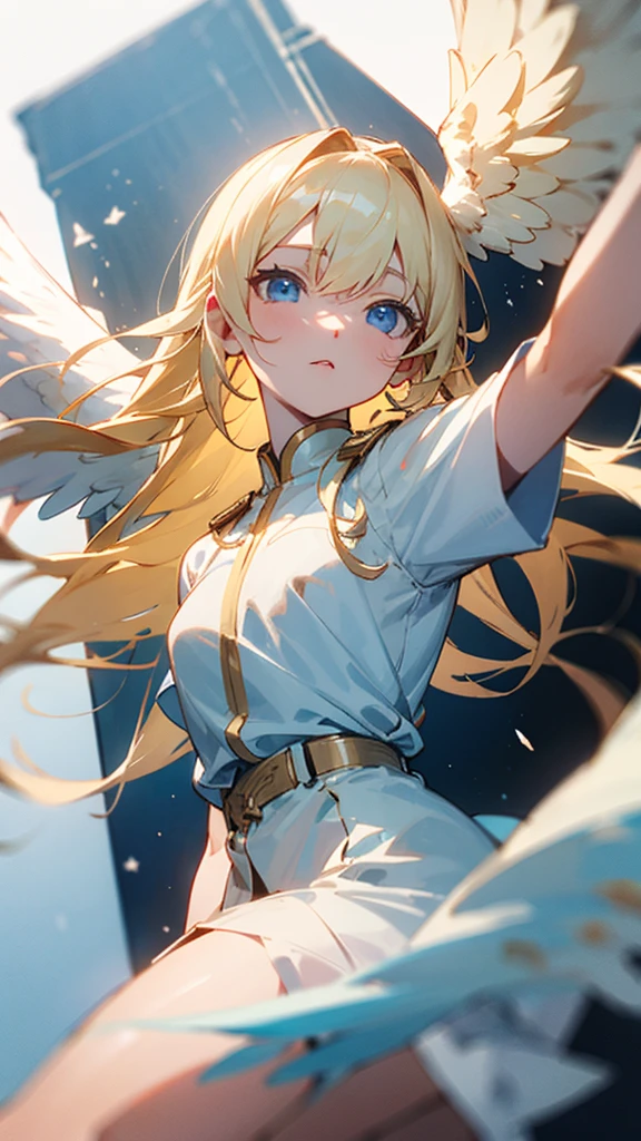 long blonde hair、light blue eyes、Angel&#39;s wing、white dress、barefoot