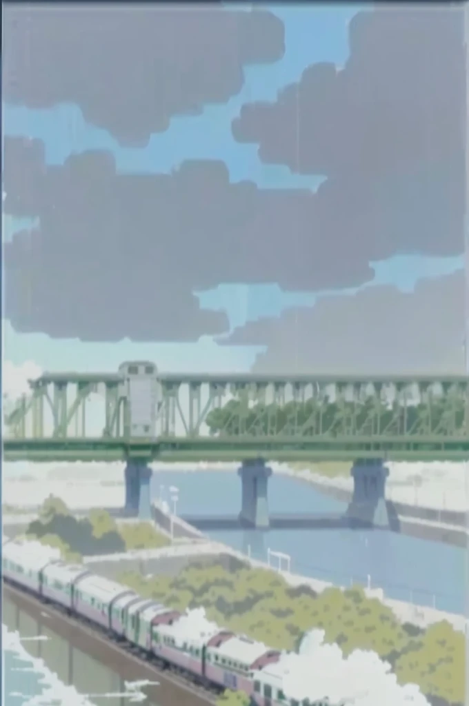 painting of a train crossing a bridge over a river, anime scene, style of makoto shinkai, from akira ( 1 9 8 8 ) style, medium shot. by hayao miyazaki, still from akira (1988), mokoto shinkai, animation cel for anime movie, nichijou, bridge, river, hirohiko araki style