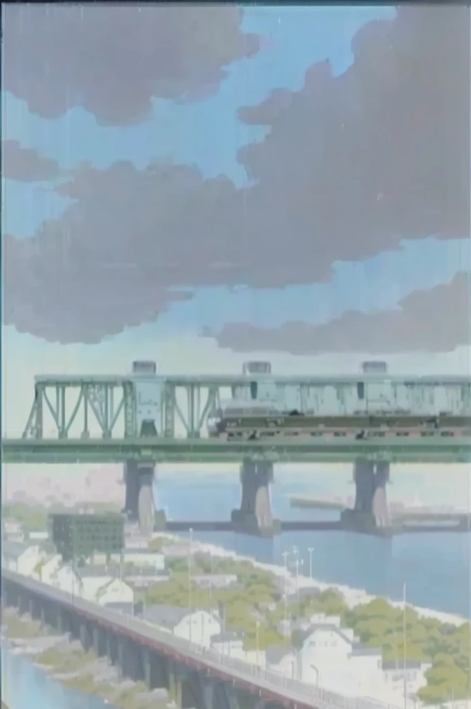 painting of a train crossing a bridge over a river, anime scene, style of makoto shinkai, from akira ( 1 9 8 8 ) style, medium shot. by hayao miyazaki, still from akira (1988), mokoto shinkai, animation cel for anime movie, nichijou, bridge, river, hirohiko araki style