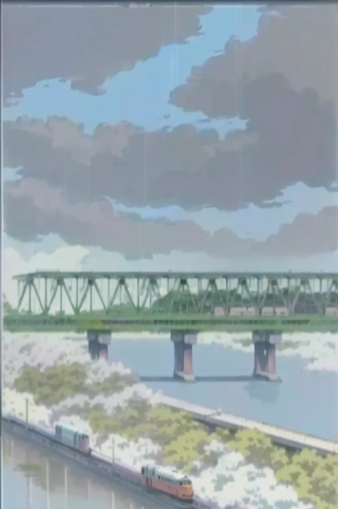 painting of a train crossing a bridge over a river, anime scene, style of makoto shinkai, from akira ( 1 9 8 8 ) style, medium shot. by hayao miyazaki, still from akira (1988), mokoto shinkai, animation cel for anime movie, nichijou, bridge, river, hirohiko araki style