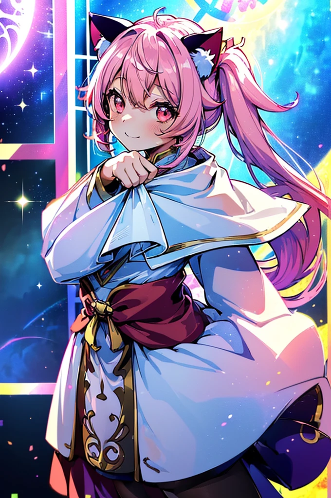 (Tachibi character with deformed head and torso:1.4),(Cat ears:1.4)(rainbow色に輝く色、Bright pink and dark pink hair 1.4),(The length of the bangs was cut evenly,:1.3) ,(Big twin tails:1.3),(Stardust Red Eyes:1.3), (An eye for perfect detail:1.3),(anger、smile:1.3),(Face Focus:1.3),(Breast close-up:0.7), (誇らしげにいたずら好きなsmile:1.3),(Fun and fun,Laughter:1.3),(Adventurer Wizard:1.3),(Extended Video Angle:1.4),(A wizard who manipulates fire:1.3),(dance:1.3),her skin is pale,(Emitting an aura of light,(Face Zoom:1.3),Highest quality, (Accurately grab the rainbow-colored magic ball:1.3),(彼女の周りには青くShine刃がたくさん飛んでいる:1.3),Complex castle town,Lens flare, Big rainbow,The moon shines,money, bloom, ((Shine)), chromatic aberration], Digital Painting, Insane Details, Intricate details, beautifully color graded, Anime Clothes,unrealistic Engine, Cinematic , Color Grading, Editorial photograph , photograph, Kiss Shot, Canon 5D Camera photograph,Shot with a 70mm lens, Thematic Depth, Ultra Sharpness, Hmph, Octane, unrealistic, Dramatic Light, Global Illumination,Movie film,rainbow,Lens flare,(Flower Window Avenue:1.3),(White priestess cloak:1.3),(Agfa Color:1.3),(Close-up portrait:1.3),(feminine:1.4),(beautiful:1.4),(Charm:1.3),Move the angle,Thematic Backgrounds,（Rainbow Church Background:1.3）