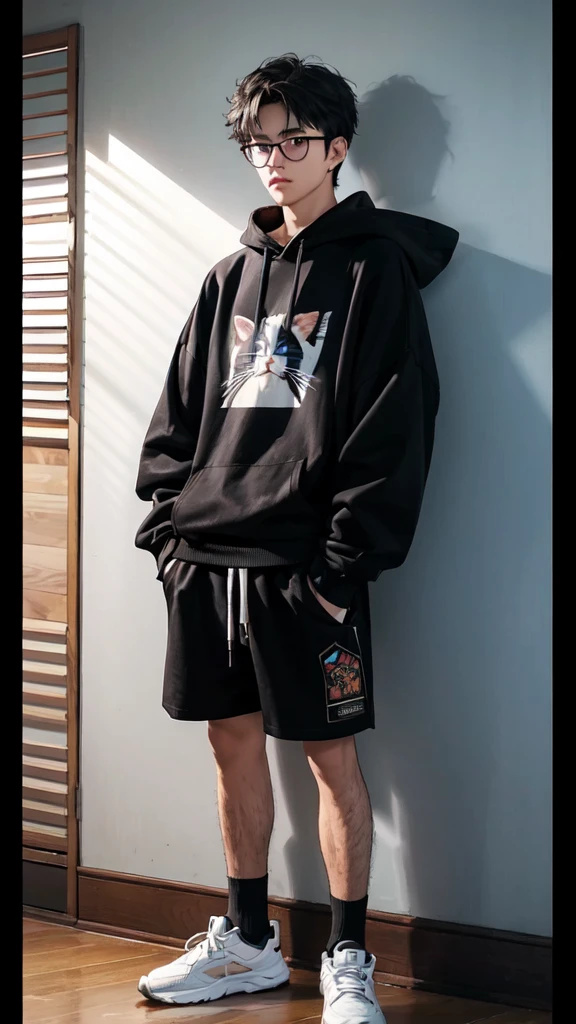 19 years old male, White Asian, Wavy chestnut black hair with subtle highlights, Oversized black hooded jumper with cat graphic, Wearing black corduroy shorts, Oversized black round framed glasses, Slanted blue eyes.