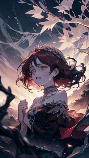 Princess is crying, scared, wide eyes, open mouth wide, dark room, dark red crystals pointing at the princess, praying, asking for help, chains, dry leaves, dry branches, haunting