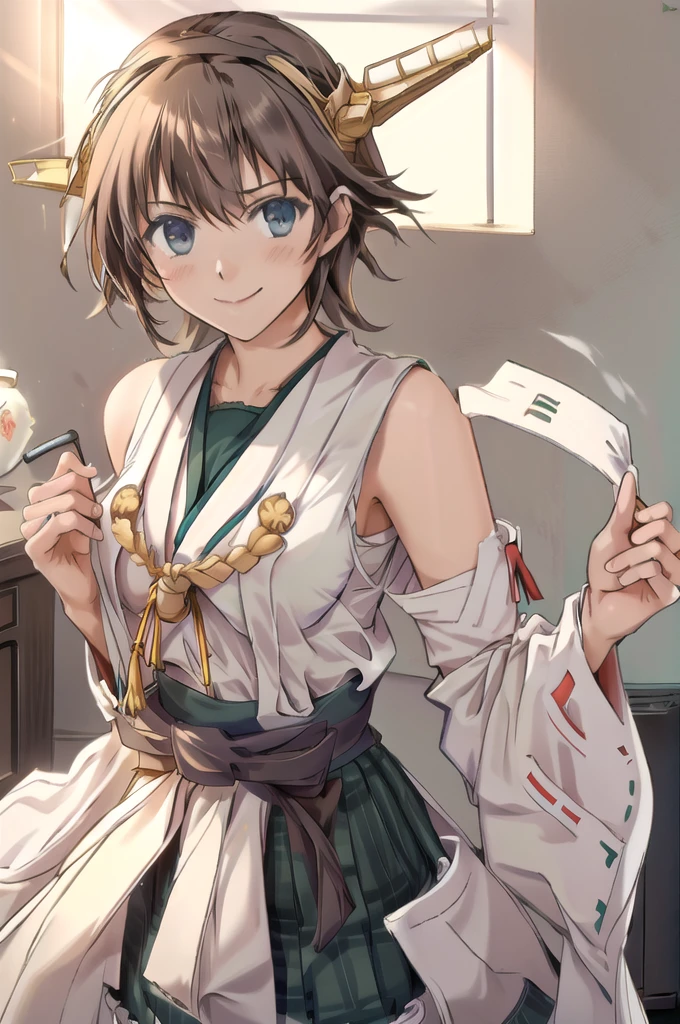 Highest quality, masterpiece, High resolution, alone, (Hiei Kai-2_Fleet Collection:1.15), オレンジ色hair, hairband, headgear, Non-traditional_Shrine maiden, smile, green_eye, Inverted up_hair, smile, One Girl, dependent_sleeve, green_skirt, Plaid, Plaid_skirt, ribbon-trimmed_sleeve, ribbon_trim, skirt, (indoor, office, living room), 