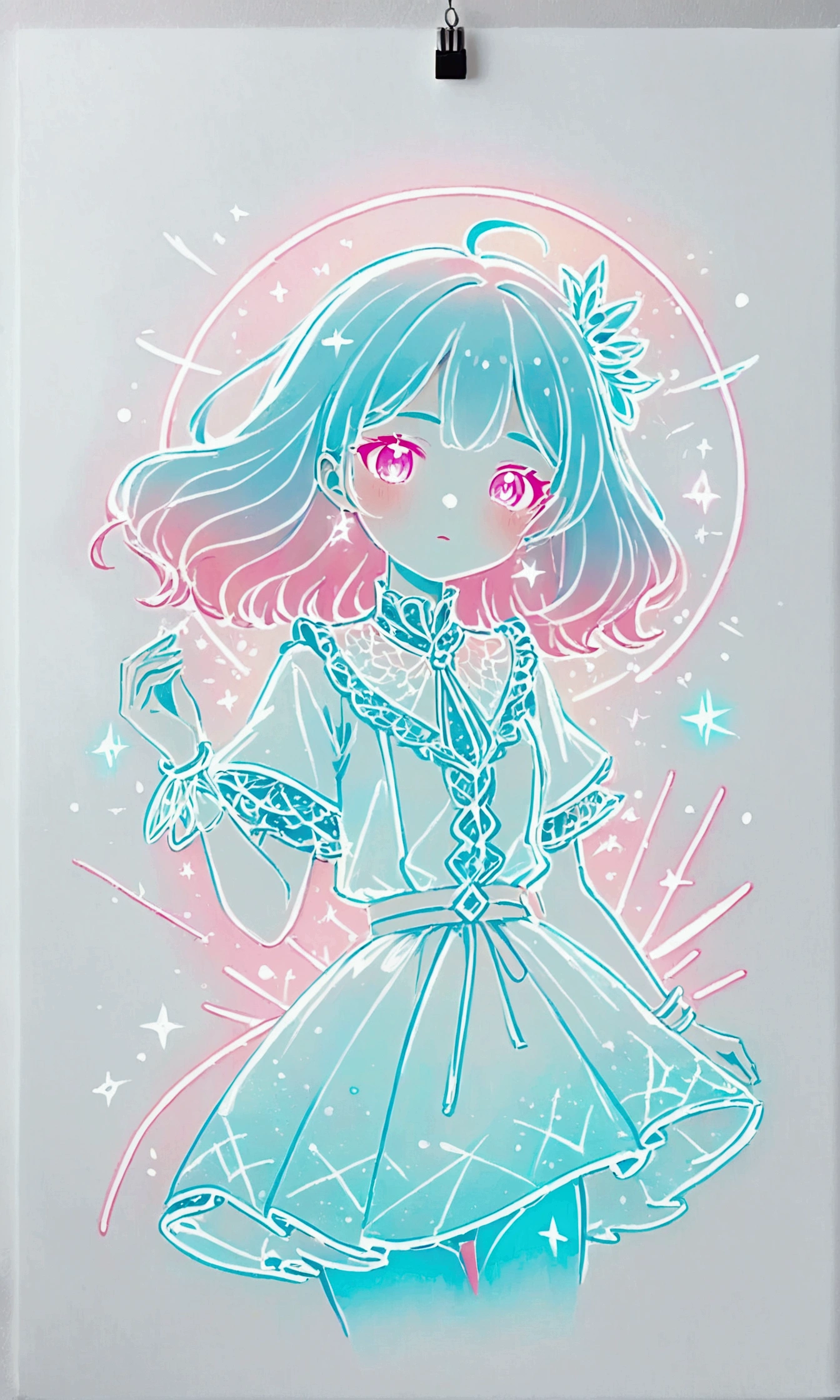 Light blue, pink and white watercolor,Rough fashion girl,(((Line art in glowing white neon))),Pale color background,Sparkling,flash,pastel colour,ネオンflash,Zentangle Elements,Absurd
