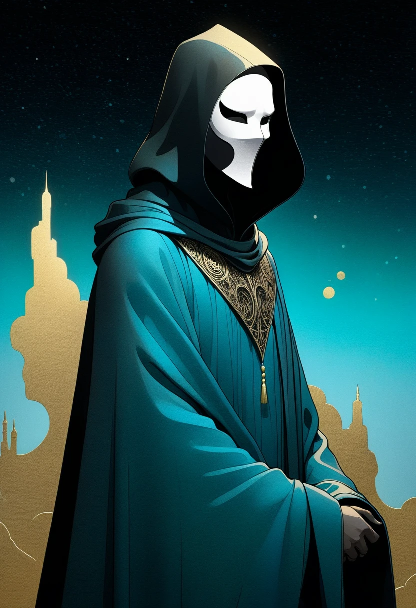 A man in a cloak、Fantasy portrait of a tall figure wearing a white mask, Traveler Azem, Desire to explore the end of the world，Discover its wonders，and help its inhabitants, author：Andy Kehoe, Gradient Masterpiece, Blue Cyan , rococopunk, Luminism, Seamless, ink, ink水气泡, Gold foil lines, 酒精ink水元素, curve, Movie, realism, Chiaroscuro, shadow play, Gold foil lines, 明亮的酒精ink水溅, Volumetric Light, Halo, Sunlight, Bright colors reflect, Isometric, The art of math, smoke, pollute, Toxic waste, Chimneys and railways, 3D Rendering, Octane Rendering, Volumetric method, author：Greg Rutkowski