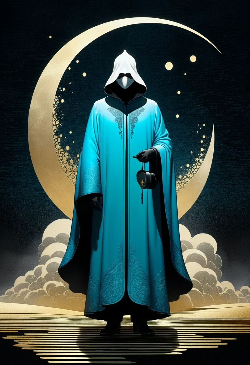 A man in a cloak、Fantasy portrait of a tall figure wearing a white mask, Traveler Azem, Desire to explore the end of the world,Discover its wonders,and help its inhabitants, author:Andy Kehoe, Gradient Masterpiece, Blue Cyan , rococopunk, Luminism, Seamless, ink, ink水气泡, Gold foil lines, 酒精ink水元素, curve, Movie, realism, Chiaroscuro, shadow play, Gold foil lines, 明亮的酒精ink水溅, Volumetric Light, Halo, Sunlight, Bright colors reflect, Isometric, The art of math, smoke, pollute, Toxic waste, Chimneys and railways, 3D Rendering, Octane Rendering, Volumetric method, author:Greg Rutkowski