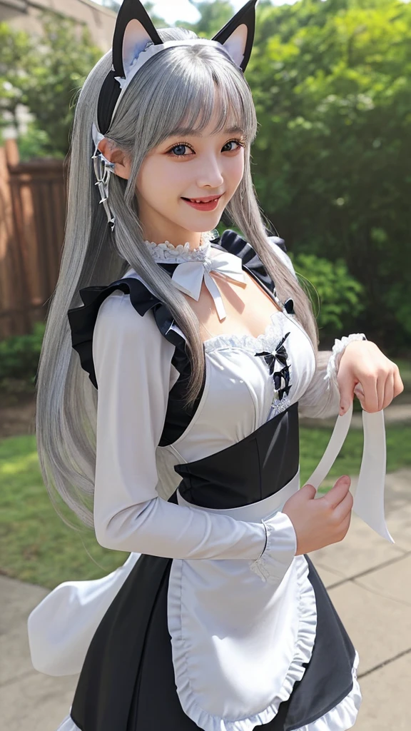 Silver semi-long hair　　smile　Beautiful face like an actress　Maid Costume　Outdoor　Dog ears　