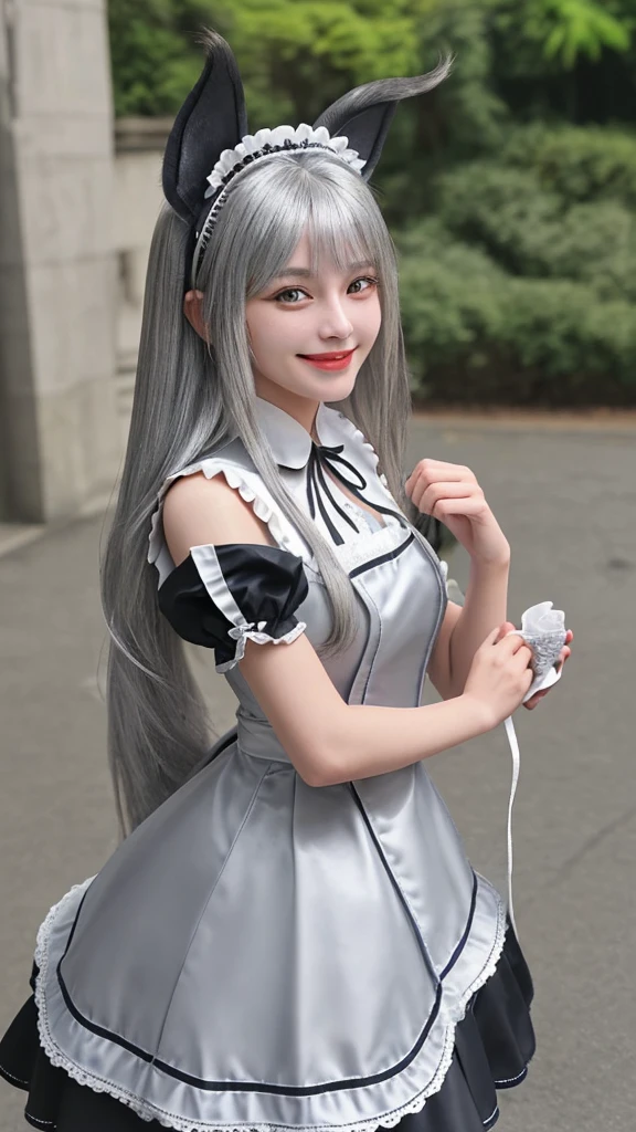 Silver semi-long hair　　smile　Beautiful face like an actress　Maid Costume　Outdoor　Dog ears　