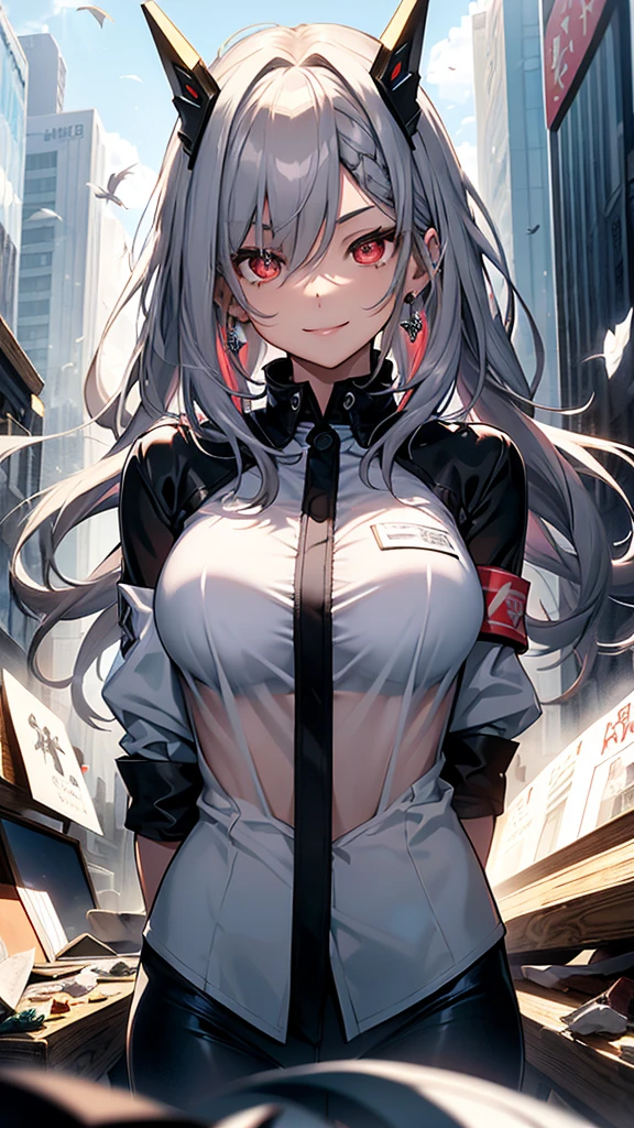 最high quality、Best image quality、masterpiece、girl((18-year-old、 By becoming、Best Bust、Medium Bust,Wide open breast tea、red glowing eyes,Silver Hair、Disheveled Hair、Long Hair、thin,The highest valley、Open chest、White wristband、smile、hair ornamentany accessories、white see-through shirt、gal style)),high quality、Beautiful art、background((Stylish office district))、Flight、Flying debris、Written boundary depth、movie、Visual Arts、Perfect art、8K,Genuine、