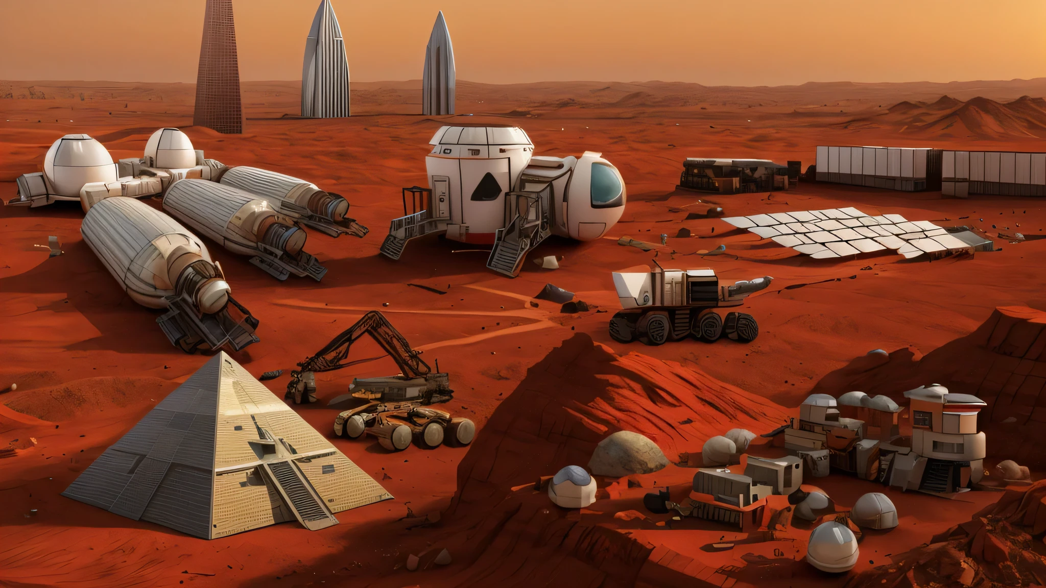 Mars base construction，On the red Martian soil，There are high-rise buildings and ultra-modern houses，There are neatly arranged solar panels harnessing solar energy，A pyramid structure built by a mechanical machine with claws，There are transporters transporting bricks，Realistic，Don't use bells and whistles，The proportion of changes in the original picture is small，4K