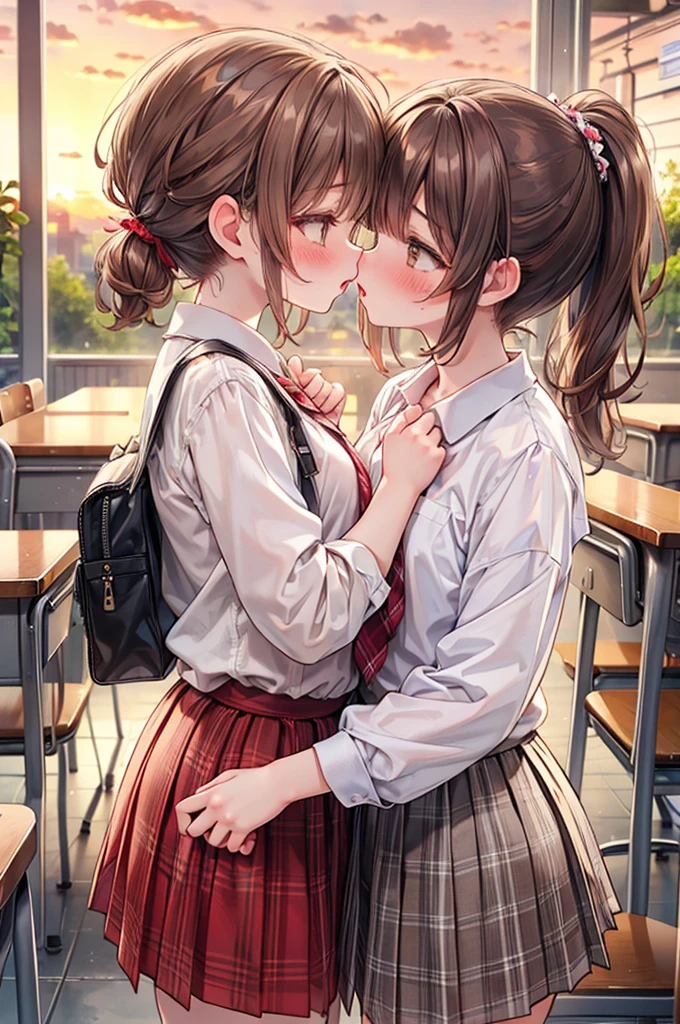 masterpiece, best quality, nsfw,
 2girl, kiss, 
 summer , plaid skirt, brown hair, ponytail, embarrassed face, 
 classroom, sunset,