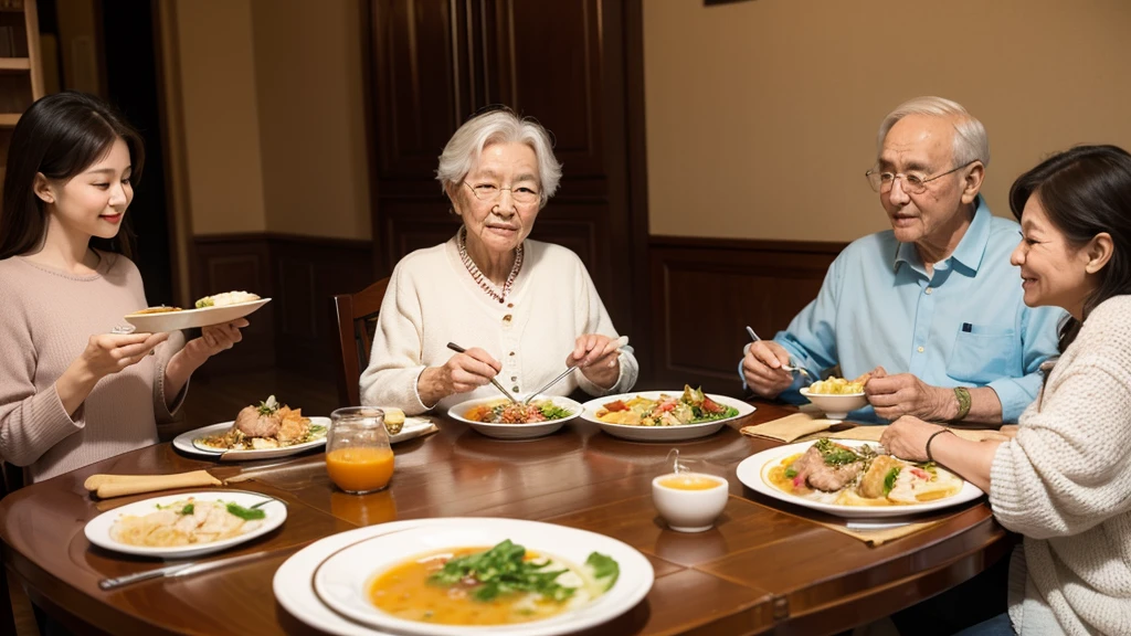 grandma,grandfather,mom,dad,The whole family, including children, sits around the table and enjoys a delicious meal, The menu is soup with chicken.