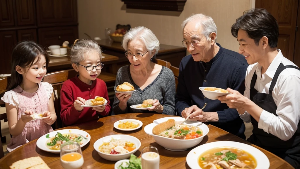 grandma,grandfather,mom,dad,The whole family, including children, sits around the table and enjoys a delicious meal, The menu is soup with chicken.