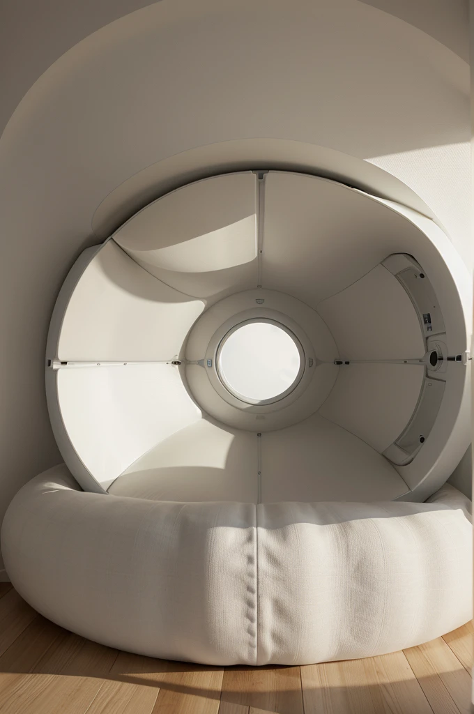 oval capsule shaped extremely tight bedroom with very short ceiling and tight space, photorealistic image of futuristic MRI bed in oval form, extremely tight bed space, minimalist and simple, realistic, octane render, 8K