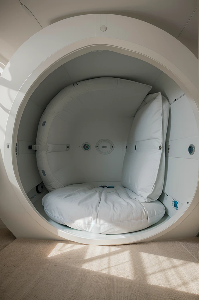 oval capsule shaped extremely tight bedroom with very short ceiling and tight space, photorealistic image of futuristic MRI bed in oval form, extremely tight bed space, minimalist and simple, realistic, octane render, 8K