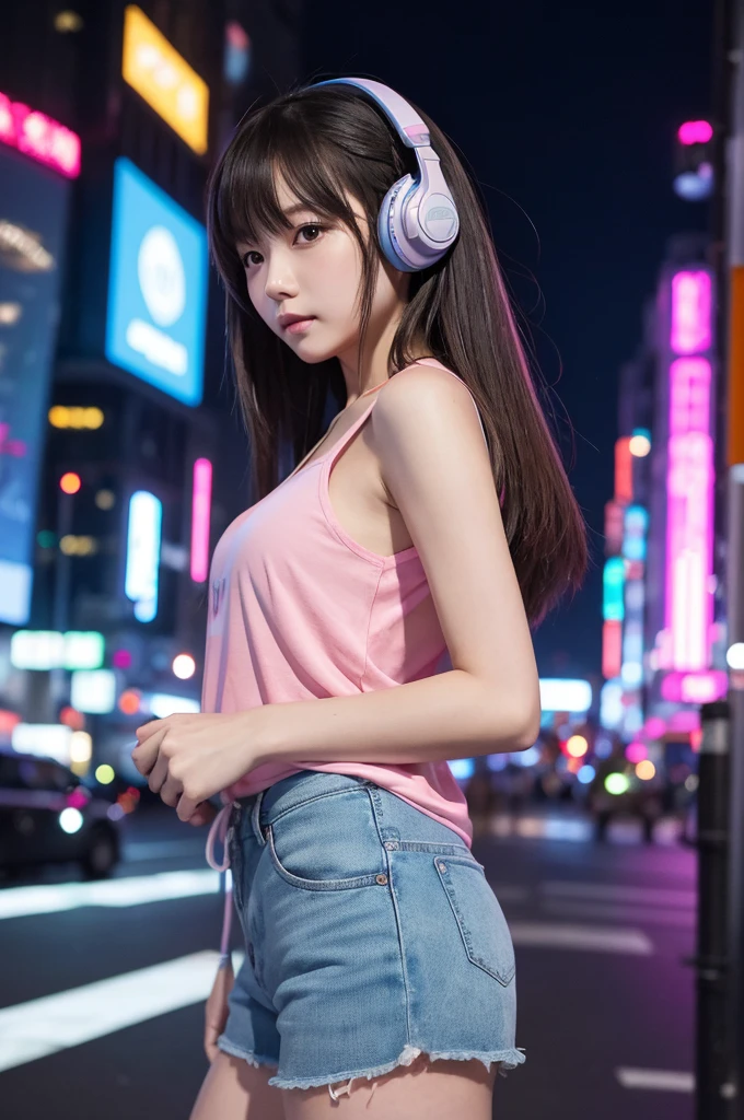 This image contains、Futuristic cityscape in the background、A beautiful Japanese girl is depicted。The background is a night city with shining neon lights.、Blue and pink lights intertwine、It exudes a sci-fi atmosphere.。The beautiful girl is wearing a thin transparent tank top.、Underneath she is wearing pink shorts.。The tank top reflects light.、It has a futuristic feel。
The pose is natural、It captures the moment she turns around。The gaze is slightly directed towards the camera.、It creates a sense of intimacy with the viewer。Her hair is pink and straight、Headphones are attached to a part of her hair.、This is also a futuristic accent.。
As a photographic technique、The reflection of light and the shadows are very realistic.、In particular, the transparency of the jacket and the light reflecting off it are depicted in great detail.。The blurry neon lights in the background、The focus of attention is easily focused on the beautiful girl who is the subject of the photo.。overall、The vertical composition enhances the presence of the beautiful girl.、By contrasting it with the bustle of the city in the background,、Emphasizing ultra-realistic photo-realistic textures。