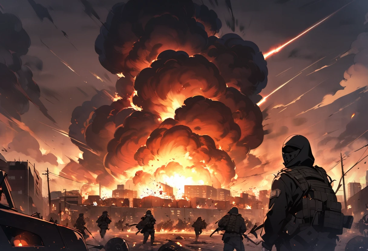 Terrorists, black balaclava, black clothes, war, city, night, blood, sandstorm, chaos, nuclear explosion, dark atmosphere, apocalypse, black flag