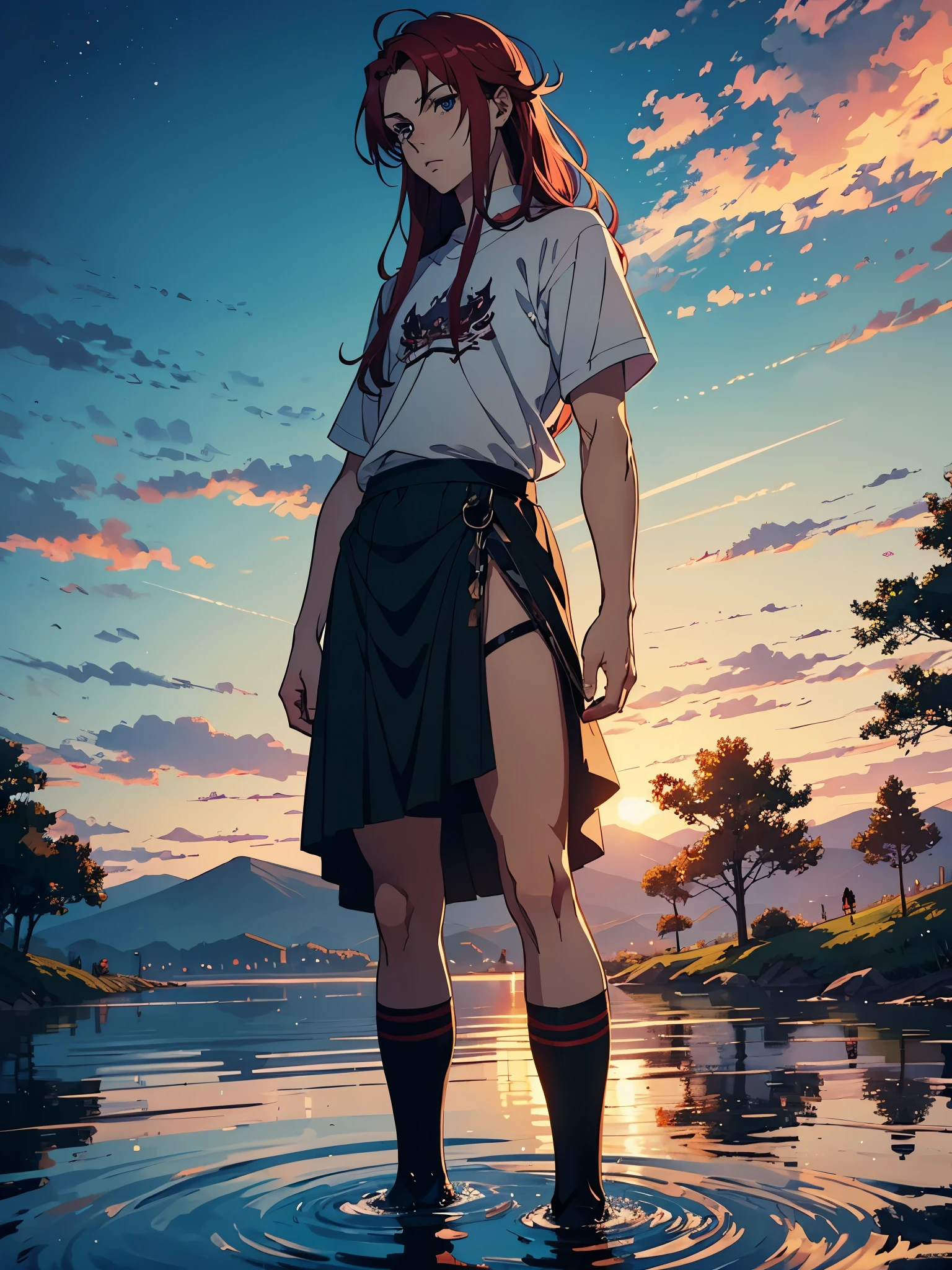 Boy. Shorter skirt. More anime style. blue flames. 2d. flatter. anime style. Viking clothing. soft. More anime. Standing in a lake. More anime. More 2d. Clean. More anime. 2d. Glow. Red hair. More anime. male. Long hair. long red hair. boy, vikings. red hair. Blue eyes. fire.