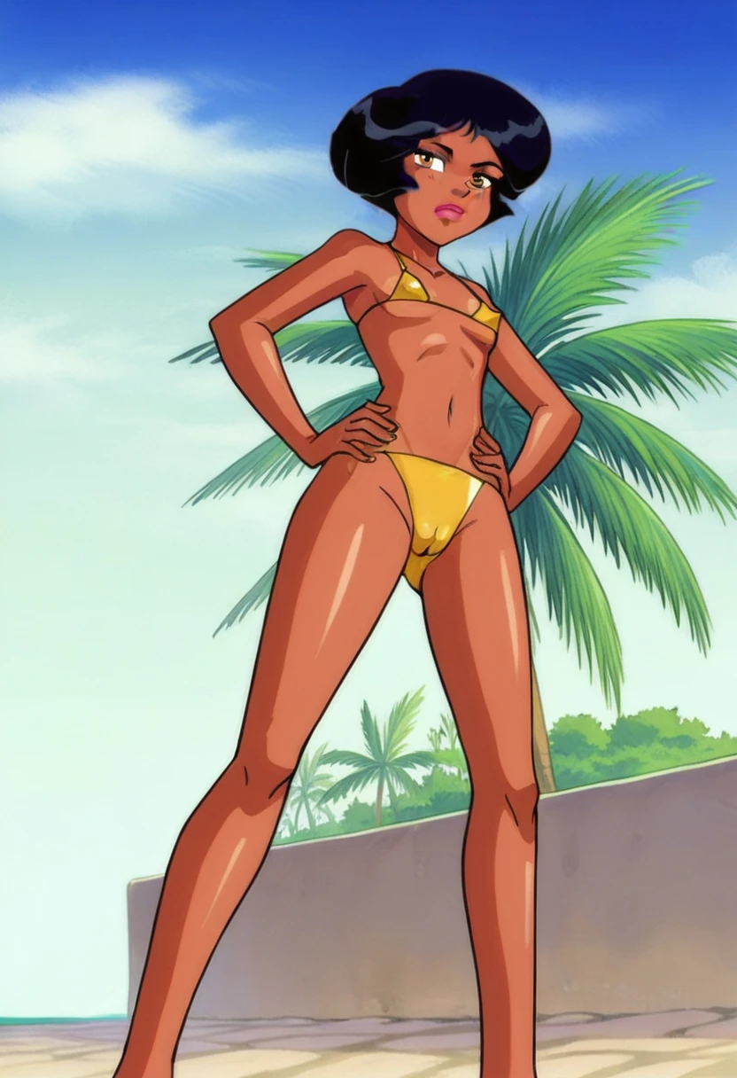 score_9, score_8_up, score_7_up, 
1girl, alex ts, black hair, afro, brown eyes, dark-skinned female, looking at side viewer, frown, narrowed eyes, outdoors,

standing, yellow micro bikini, on beach, ocean, sand, palms, posing, from below, covered nipples, cameltoe, hands on hips,  on knees, pointing finger, 