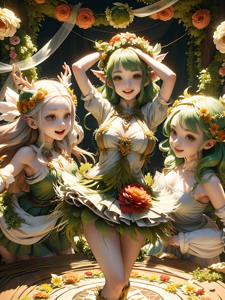 generate a group of mystical forest spirit girls with wreaths of flowers on their heads with pale skin dancing in a circle, adorable smile, cute teeth, masterpiece