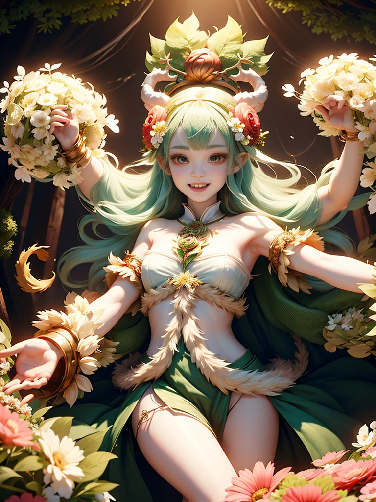 generate a group of mystical forest spirit girls with wreaths of flowers on their heads with pale skin dancing in a circle, adorable smile, cute teeth, masterpiece