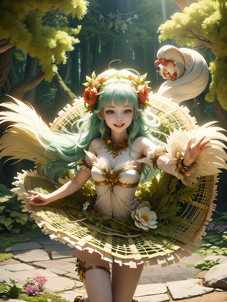 generate a group of mystical forest spirit girls with wreaths of flowers on their heads with pale skin dancing in a circle, adorable smile, cute teeth, masterpiece