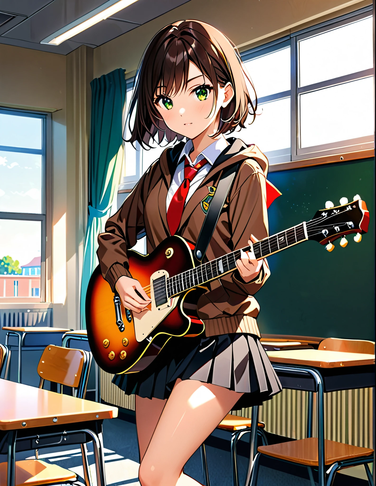 1girl, high school student, dark brown hoodie jacket, white shirt, red ribbon bow necktie, pleaded skirt, miniskirt, bare legs, black socks, brown shoes, jet black hair, short hair, green eyes, beautiful detailed eyes, beautiful detailed face, cute face, medium breasts, -18, solo, solo focus, (playing guitar, electric guitar), classroom backdrop, warm lighting, empty classroom. Full body costume design.