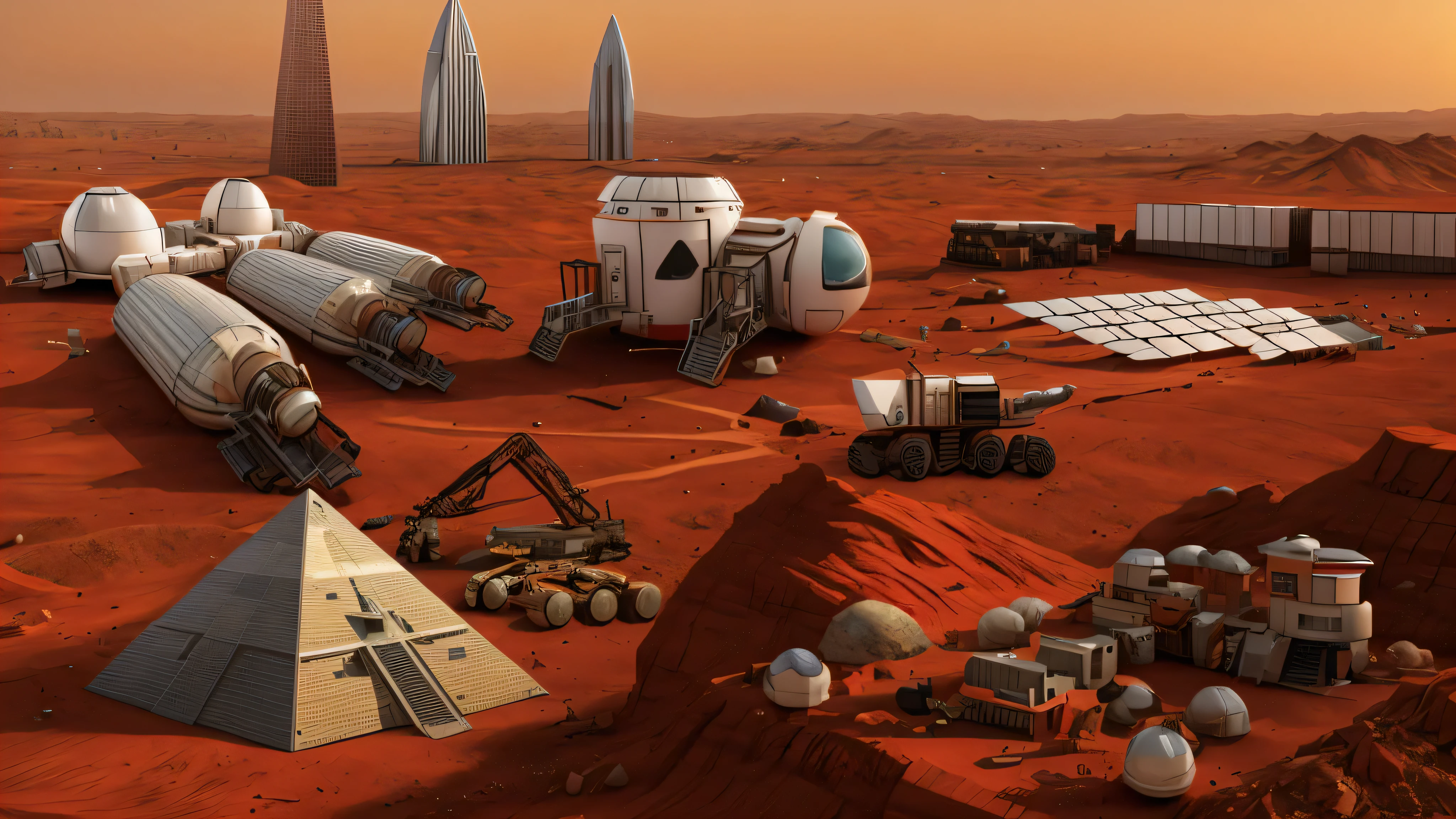 Mars base construction,On the red Martian soil,There are high-rise buildings and ultra-modern houses,There are neatly arranged solar panels harnessing solar energy,A pyramid structure built by a mechanical machine with claws,There are transporters transporting bricks,Realistic,Don't use bells and whistles,The proportion of changes in the original picture is small,4K