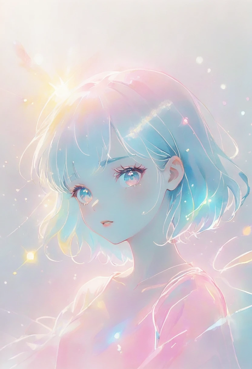 Light blue, pink and white watercolor,Rough fashion girl,(((Line art in glowing white neon))),Pale color background,Sparkling,flash,pastel colour,ネオンflash,Zentangle Elements,Absurd